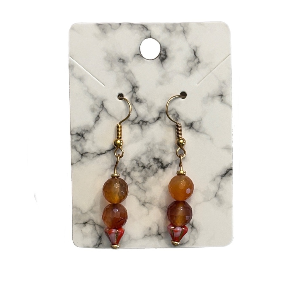 Carnelian with Red and Gold Czech Bellflower Beaded Earrings